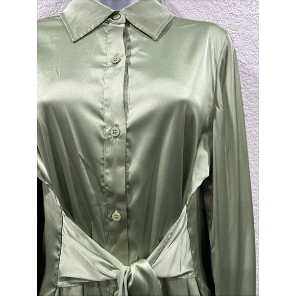 12th Tribe Shirt Dress Womens M Sage Pistachio Satin Mini Green Drape Tie Waist - Picture 2 of 9